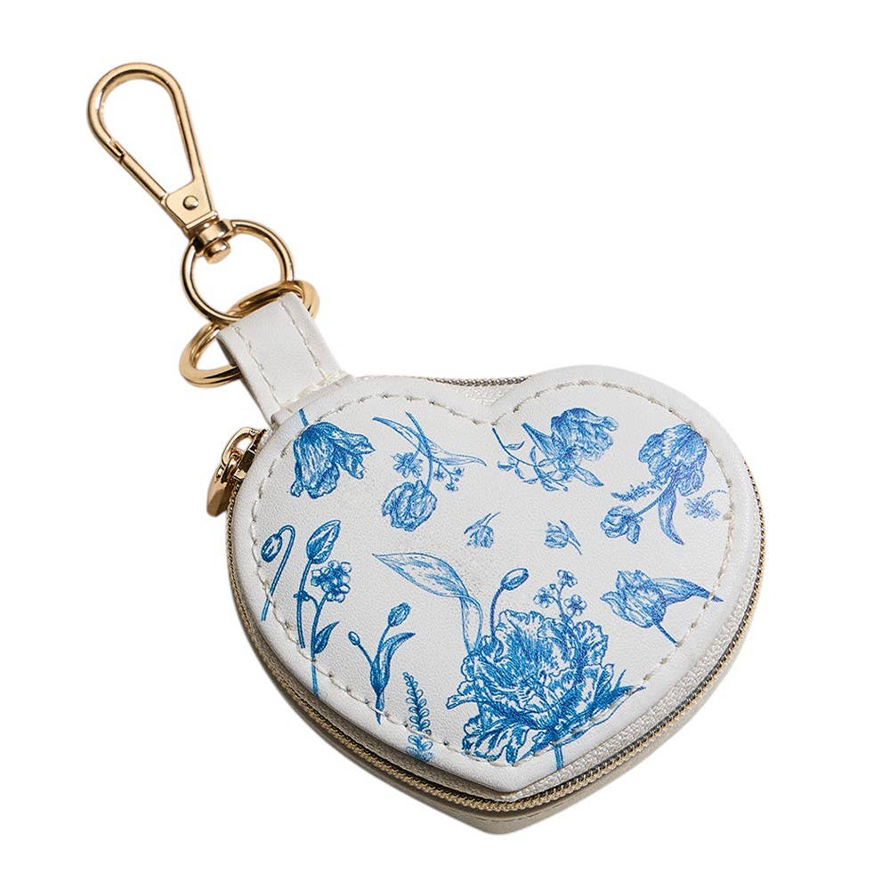 Floral Pattern Print Heart Shaped Jewelry Case Keychain / Bag Charm