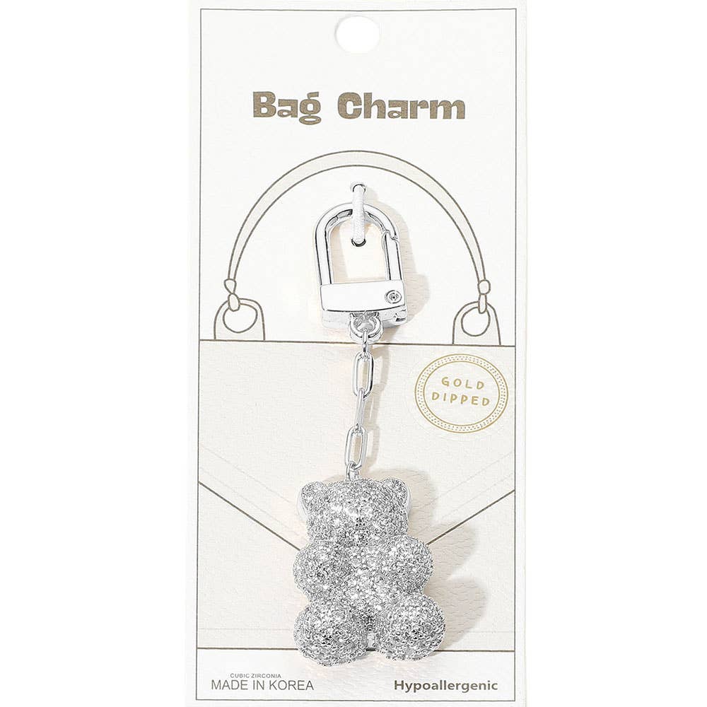 Gold Dipped CZ Stone Paved Teddy Bear Drop Keychain / Bag Charm