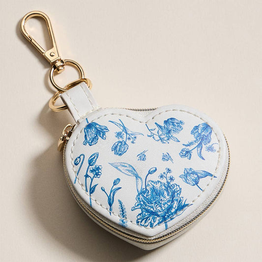 Floral Pattern Print Heart Shaped Jewelry Case Keychain / Bag Charm