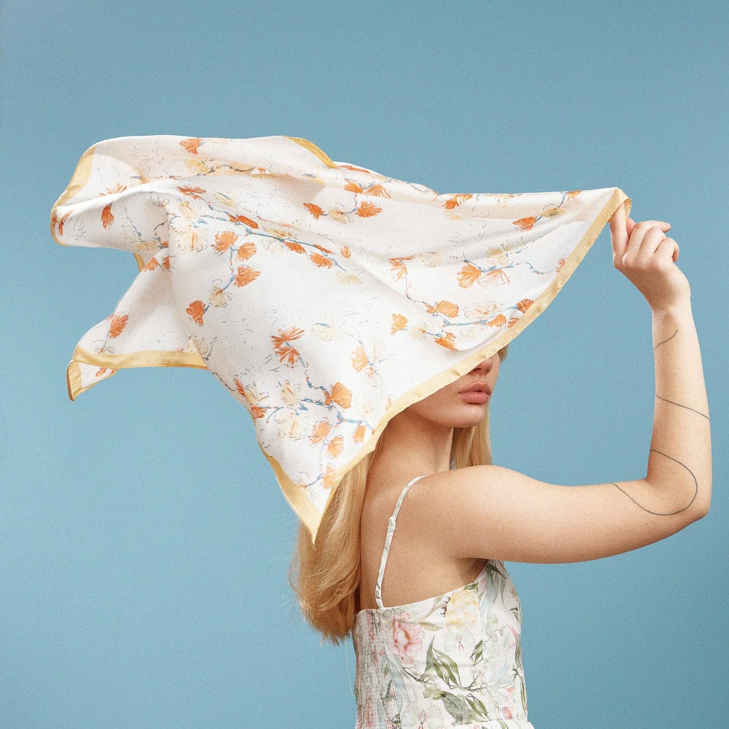 Delicate Floral Branch Square Scarf – Soft Botanical Print Silk-Feel Scarf